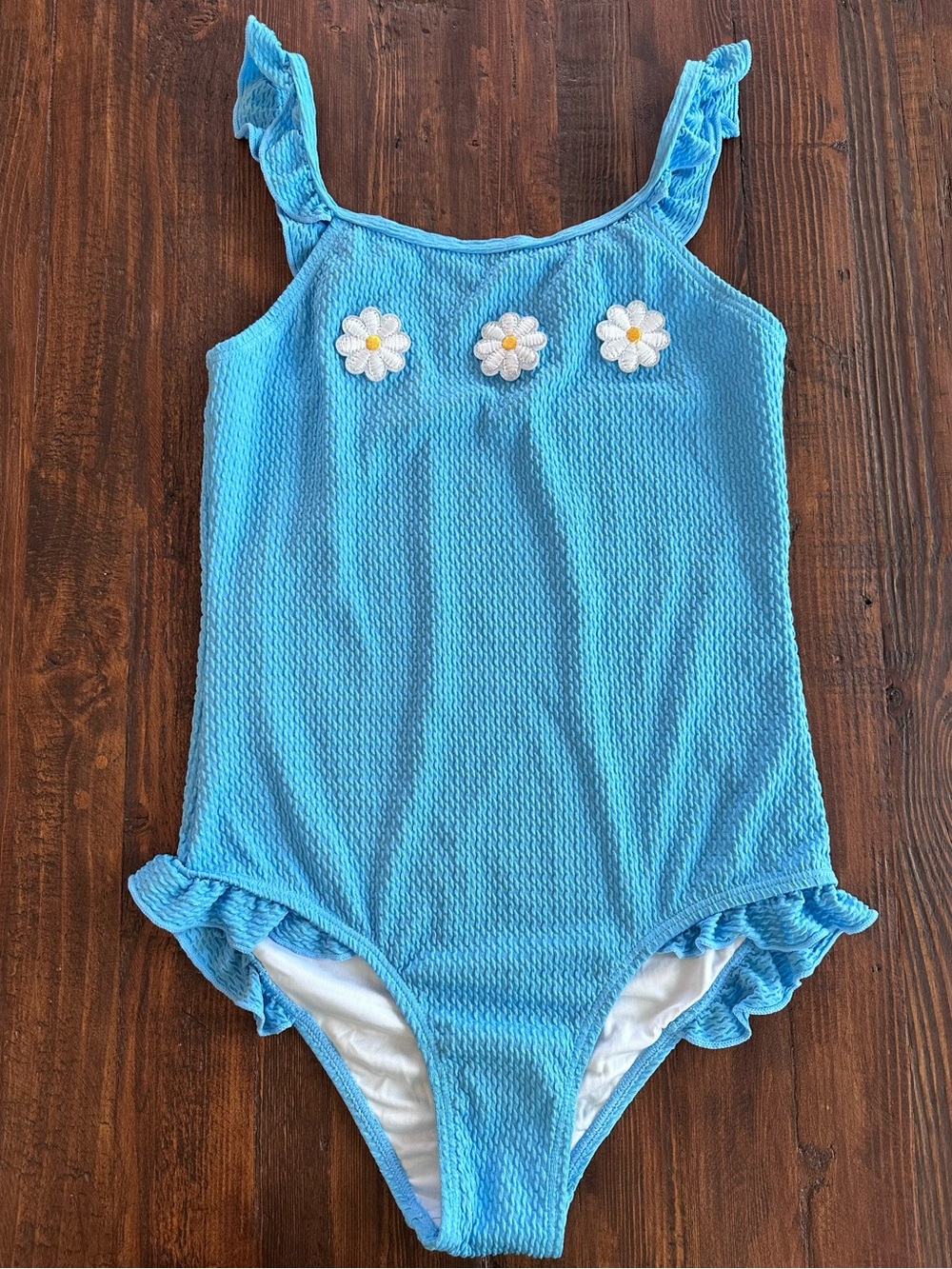 Lizens Blue Ruffled One-Piece Swimsuit with Daisy Appliqués - Kids Size 10-12T